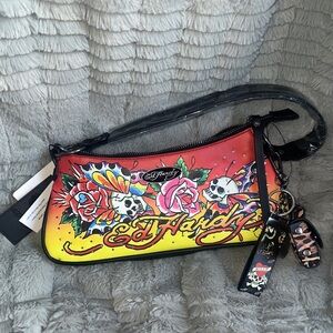 Ed Hardy Shoulder Bag – Multicolor Skull & Rose Graphic w/ Leopard Charm